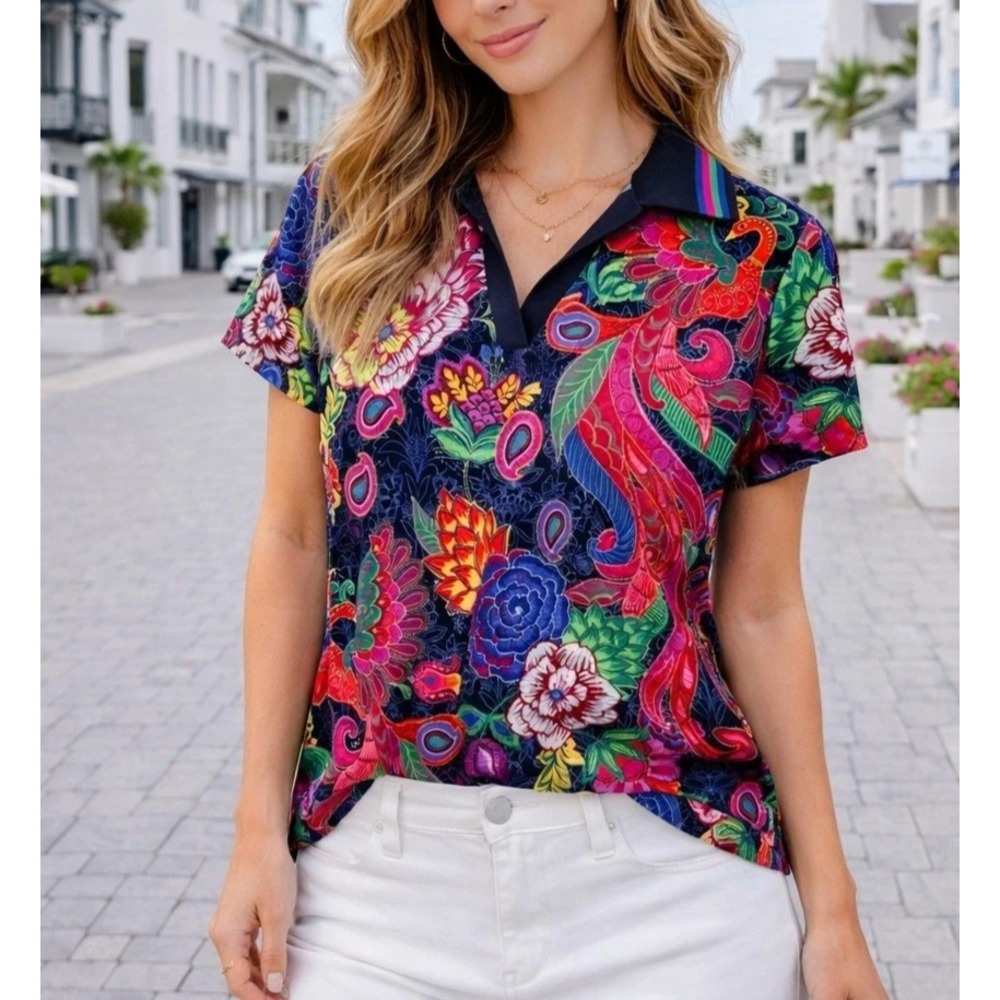 Johnny Was Bee Active Basic Polo Athletic Tee Women's XS Emberwing Multi Floral